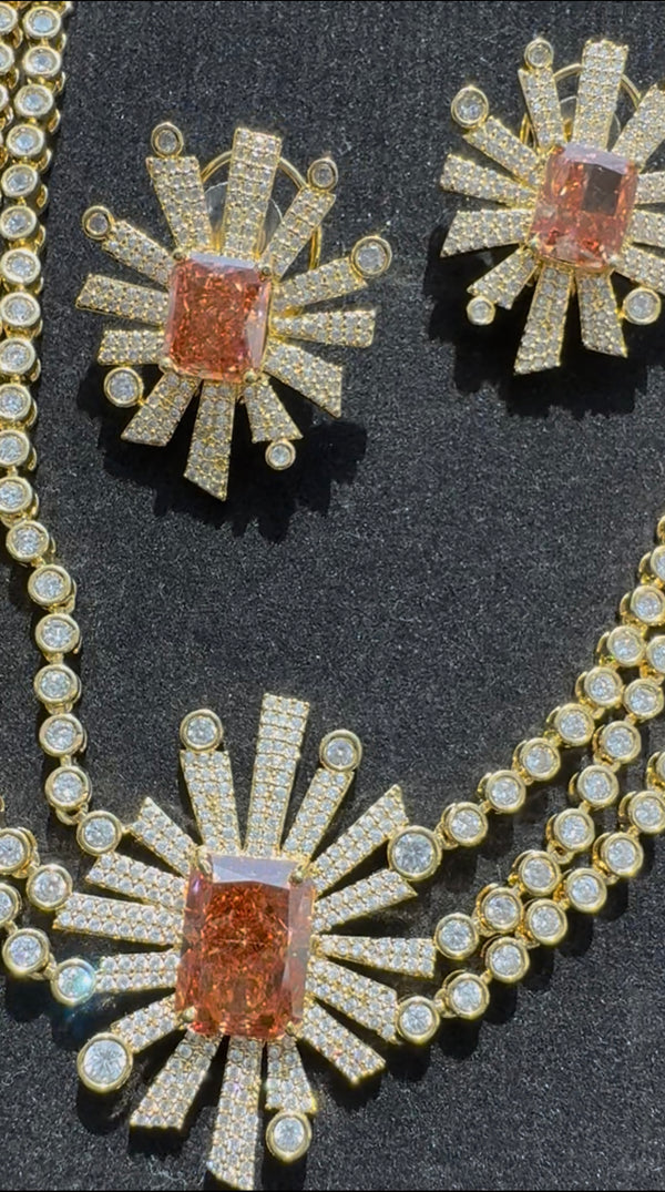 Swarovski Crystals and CZ Diamond star burst Necklace Set, Gold Plated set