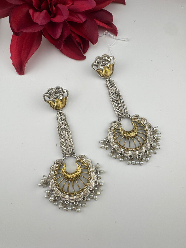 Oxidized Silver and Gold ChandBali Very long Earrings, designer jewelry