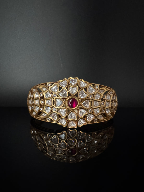 Moissanite Kundan, CZ Openable Bracelet Bangle, Gold Polish (Fits 2.6" wrists)
