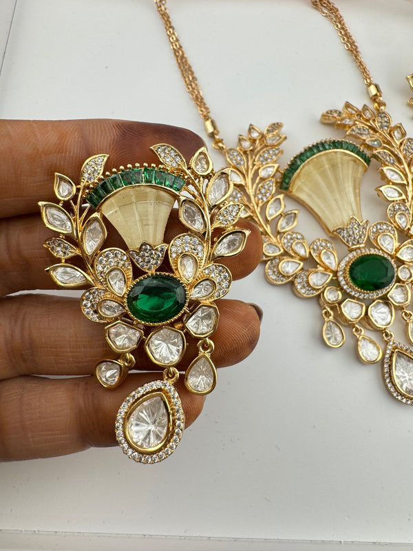 Kundan, CZ, MOP, Stone, Uncut Polki Long Pendant necklace set, Pendant set, everyday wear jewelry