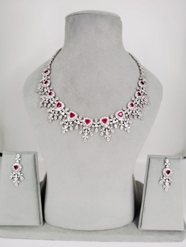 Ruby Swarovski Crystals and CZ Diamond all over Necklace Set, White Gold Plated set