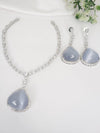 Stone and CZ Diamond Pendant Necklace Set, White Gold Plated set