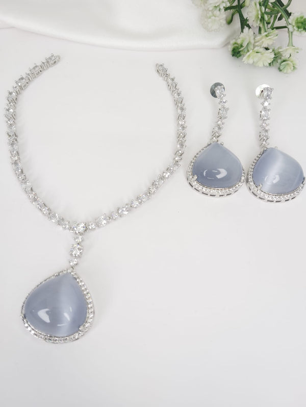 Stone and CZ Diamond Pendant Necklace Set, White Gold Plated set