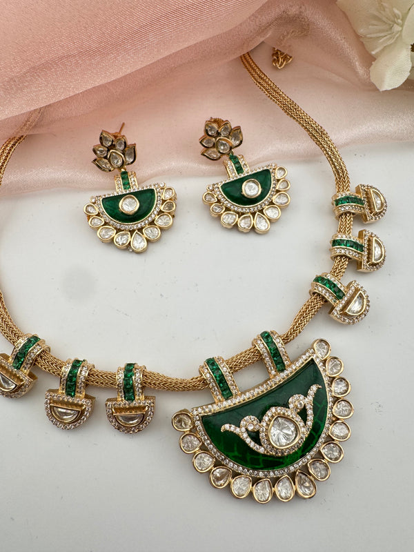Kundan, Moissanite, MOP, CZ Flexible Gold necklace set, Indian Bridal Jewelry
