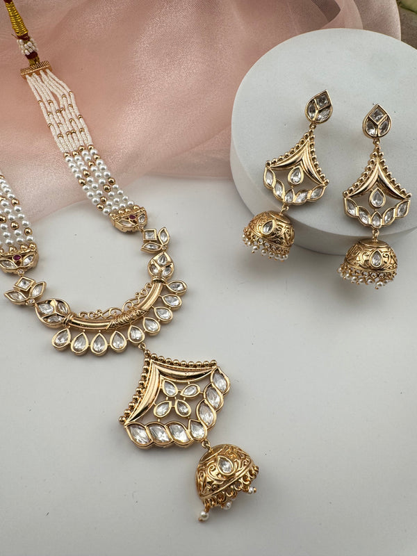 Kundan, Moissanite, Pearls Long Gold Choker necklace set, Indian Rani haar