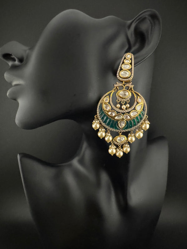 Green and Gold, pacchi Kundan, Pearls Chandelier Long Earrings, Bridal, Moissanite, CZ, Designer jewelry