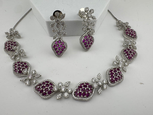 Nano Setting CZ Diamond Statement Ruby Necklace Set, White Gold Plated Choker, 3D nature inspired