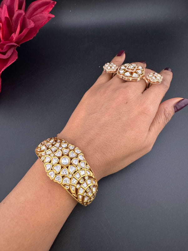Moissanite Kundan, CZ Openable Bracelet Bangle, Gold Polish (Fits 2.6" wrists)