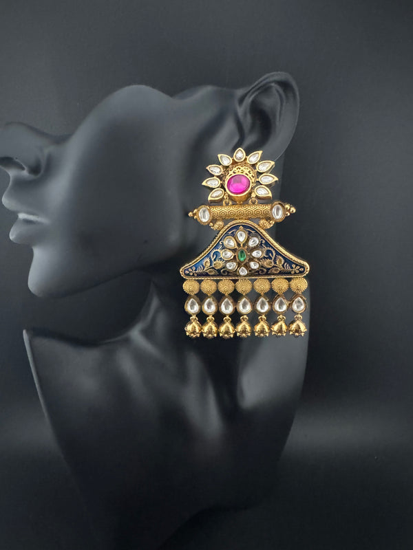 Amrapali inspired Matt Gold, kundan, Enamel, Oversized ChandBali long Earrings, designer jewelry