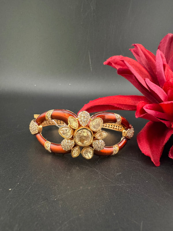 Moissanite Kundan, Enamel, CZ Adjustable Bracelet Bangle, Gold Polish Designer Bangle
