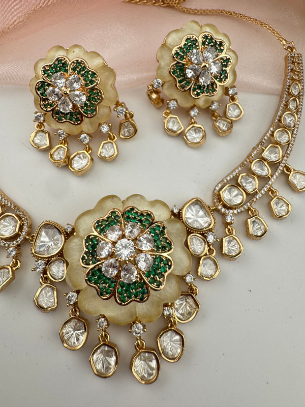 Kundan, Moissanite, MOP, CZ Flexible Gold necklace set, Indian Bridal Jewelry