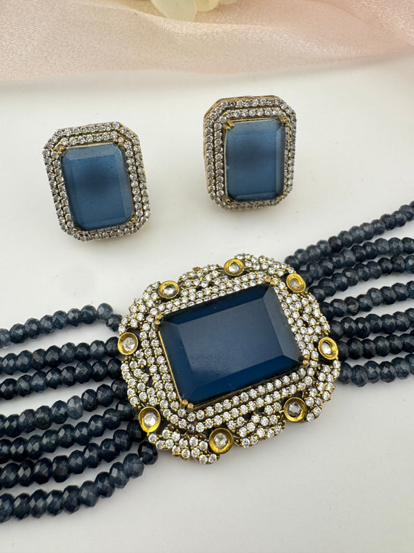 Moissanite Kundan, Hydro beads, CZ, Stones Choker necklace set, Indian Bridal Jewelry, chic set