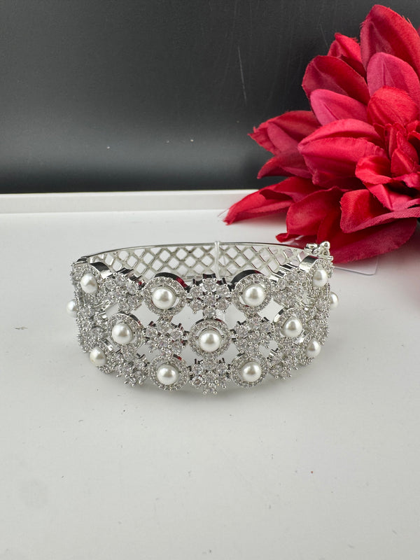 Openable Designer bracelet with Pearls, crystal stones, CZ Nano setting, Fits size upto 2.6"