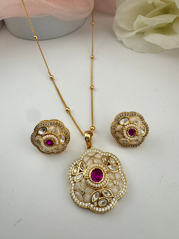 Kundan, Pachi, CZ, Stone Pendant Necklace Set with Matching Earrings, Brass CZ Jewelry
