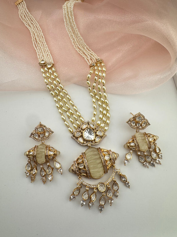 Kundan, Moissanite, MOP, CZ, Pearls Long Gold Choker necklace set, Indian Rani haar