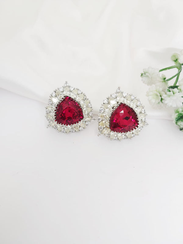 Silver Polish Crystal Stone Stud Earrings, Cubic Zirconia, AD, CZ, Indian Jewelry