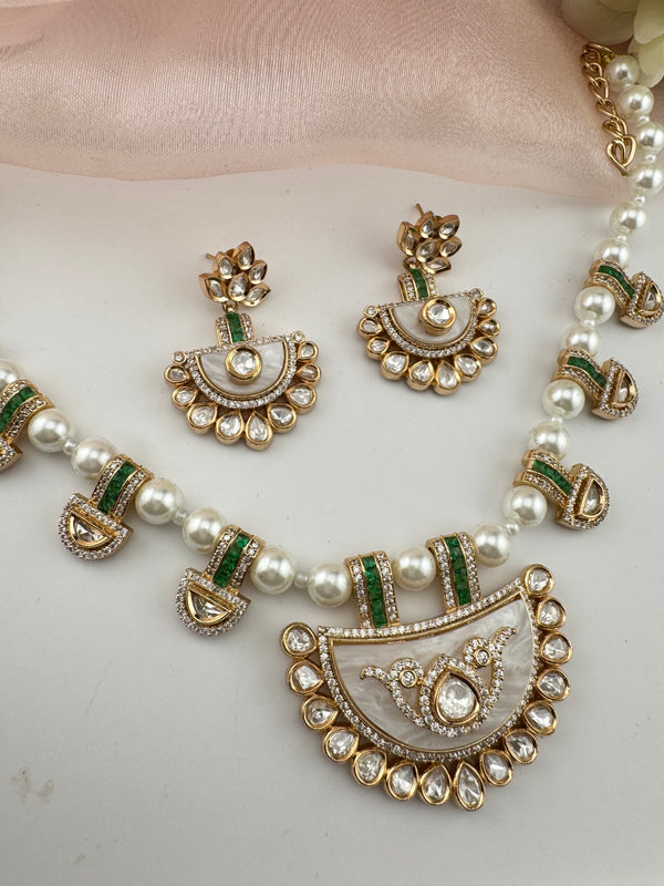 Kundan, Moissanite, MOP, CZ Flexible Gold necklace set, Indian Bridal Jewelry