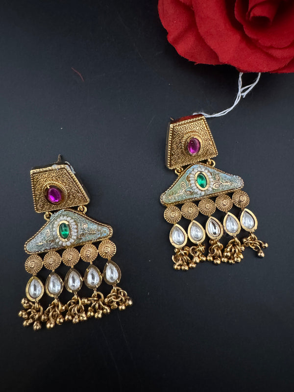 Amrapali inspired Matt Gold, kundan, Turquoise Enamel, ChandBali long Earrings, designer jewelry