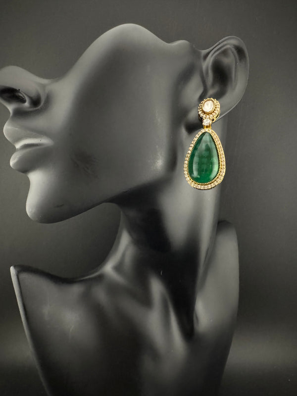 Green and Gold Kundan, Stone Chandelier Drop Earrings, Bridal, Moissanite, CZ, Designer jewelry
