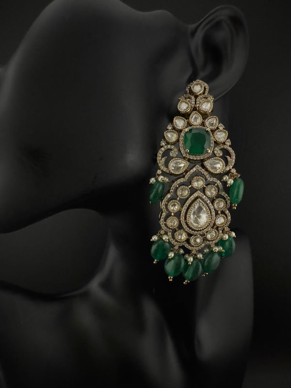 Green and Gold Kundan, Pearls Chandelier Long Earrings, Bridal, Moissanite, CZ, Designer jewelry