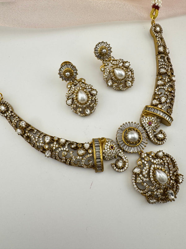 Kundan, CZ, Pearl Gold Plated necklace set, Indian Bridal Jewelry set