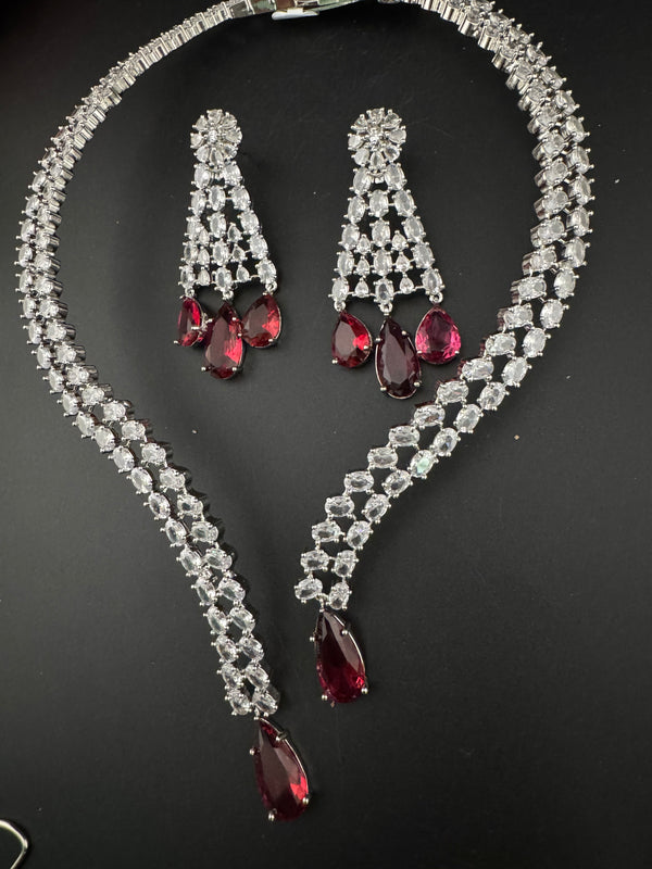 Crystals and CZ Diamond Statement front openable Hasli Necklace Set, Silver Plated Collar set