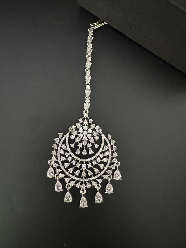 Silver Cubic Zirconia/Diamond Tikka, Indian Maang Tikka, Headpiece, Bridal jewelry