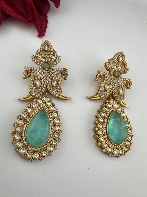 Blue Green and Gold, Doublet Stone Chandelier Long Earrings, Bridal, Moissanite, CZ, Designer jewelry