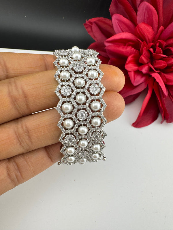 Openable Designer bracelet with Pearls, crystal stones, CZ Nano setting, Fits size upto 2.6"