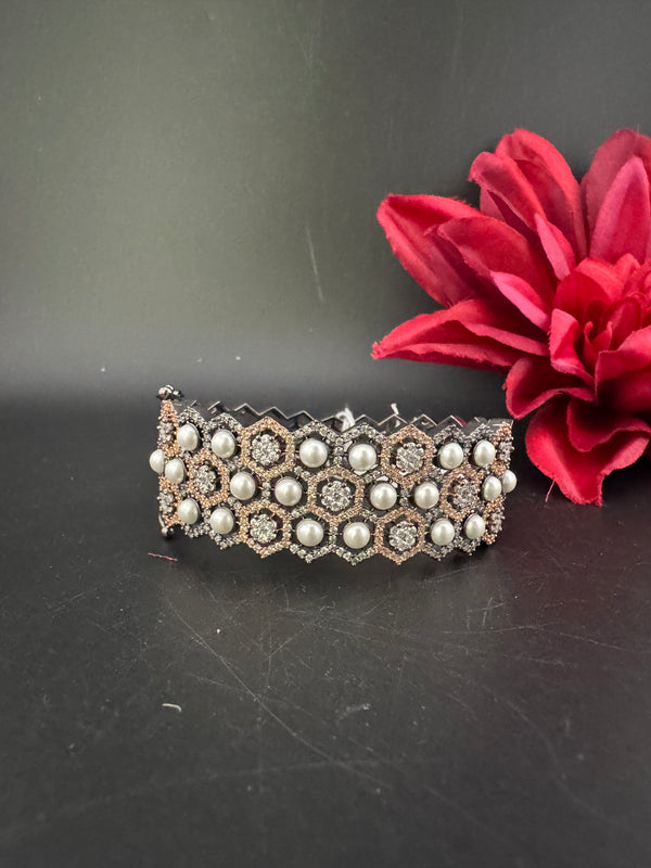 Openable Designer bracelet with Pearls, crystal stones, CZ Nano setting, Fits size upto 2.6"
