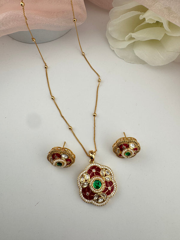 Kundan, Pachi, CZ, Stone Pendant Necklace Set with Matching Earrings, Brass CZ Jewelry