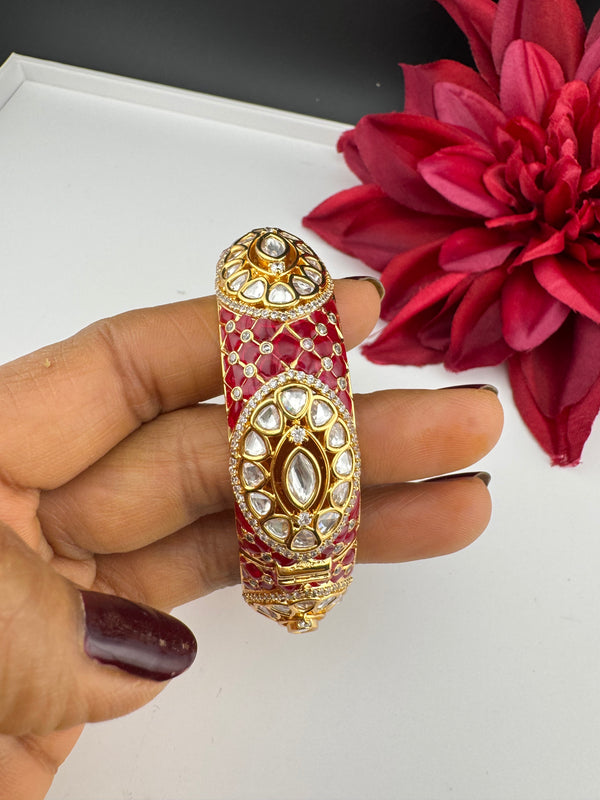 Pchhi Kundan, Moissanite Kundan, CZ Openable Broad Bracelet Bangle, Gold Polish (Fits 2.6" wrists) (Copy)