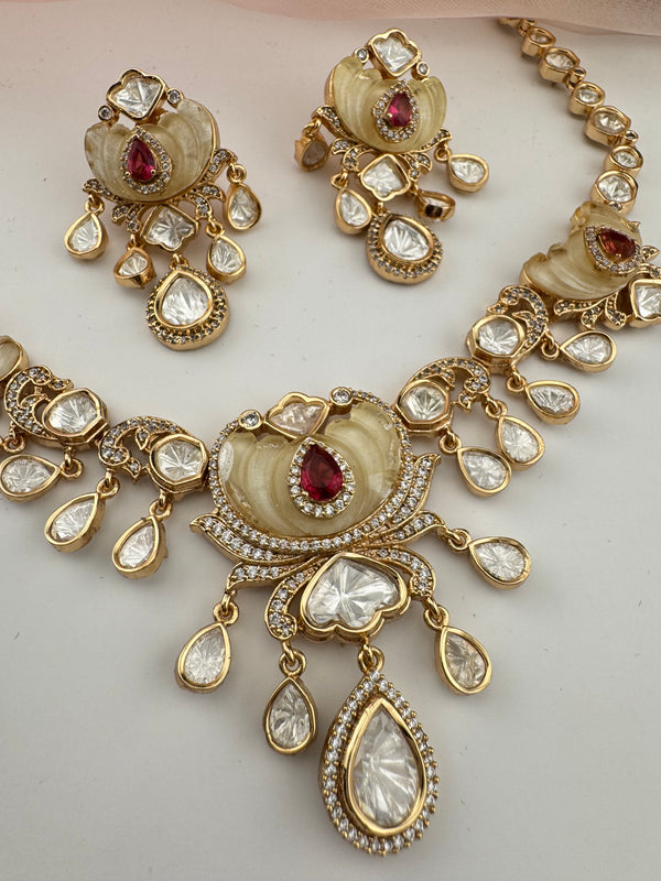 Kundan, Moissanite, MOP, CZ Flexible Gold necklace set, Indian Bridal Jewelry