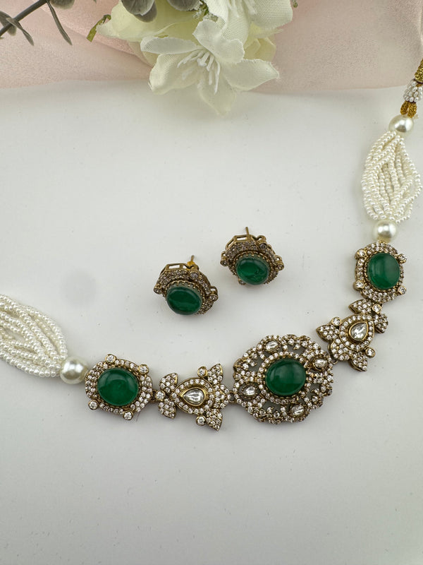 Moissanite Kundan, Pearls, CZ, Stones Choker necklace set, Indian Bridal Jewelry, chic set