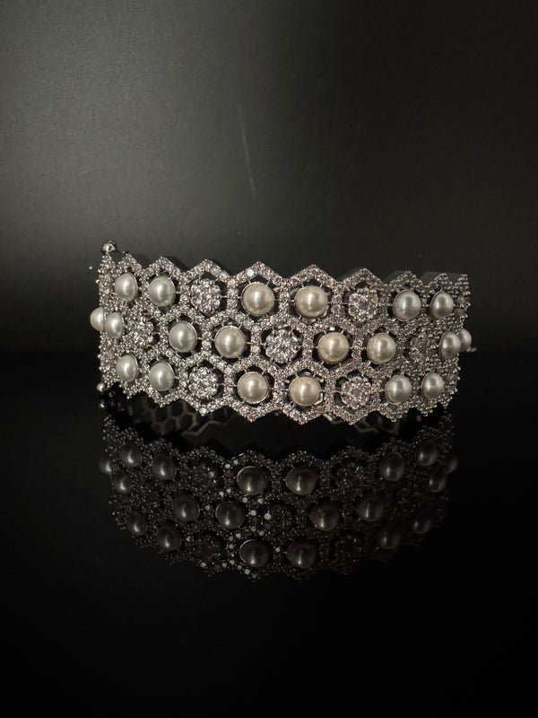 Openable Designer bracelet with Pearls, crystal stones, CZ Nano setting, Fits size upto 2.6"