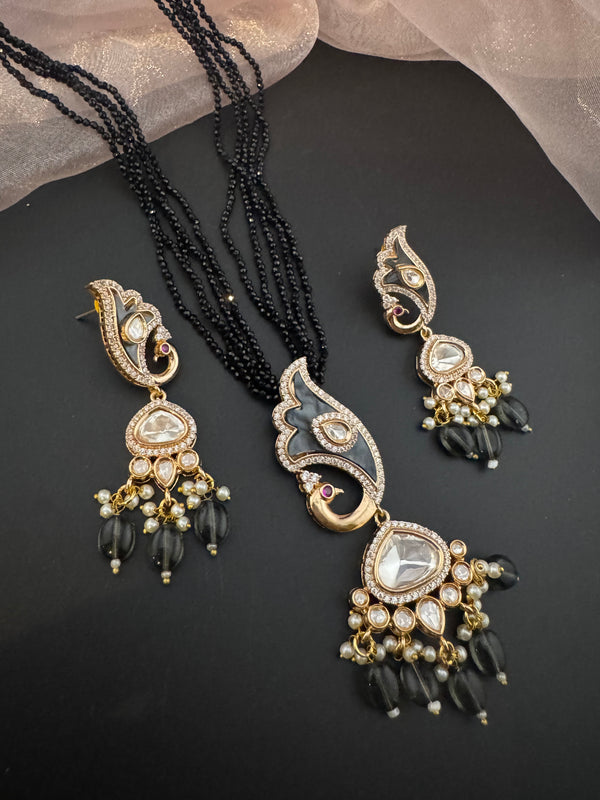 Kundan, CZ, MOP, Pearls, Hydro Beads Peacock Long necklace set, Rani haar, everyday wear jewelry