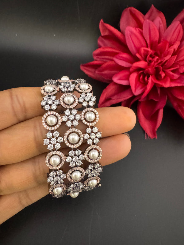 Openable Designer bracelet with Pearls, crystal stones, CZ Nano setting, Fits size upto 2.6"