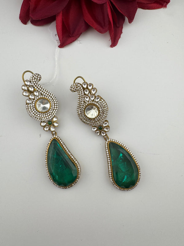 Kundan, CZ, Gold, Doublet Stone Chandelier Long Earrings, Bridal, Moissanite, CZ, Peacock Designer jewelry