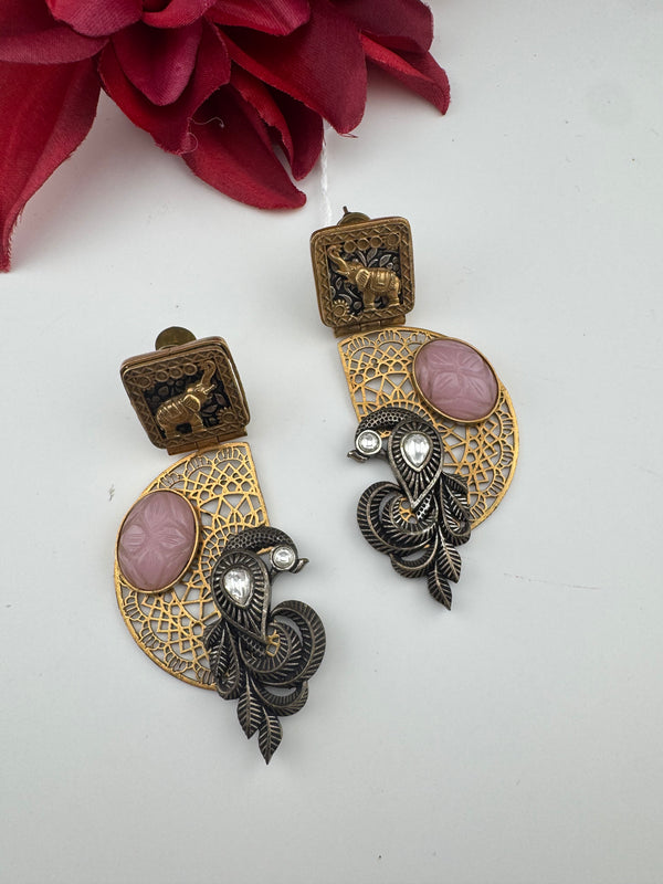 Antique Gold, Oxidized, Carved Stones Chandbali Dangle Earrings, Amrapali inspired Designer jewelry