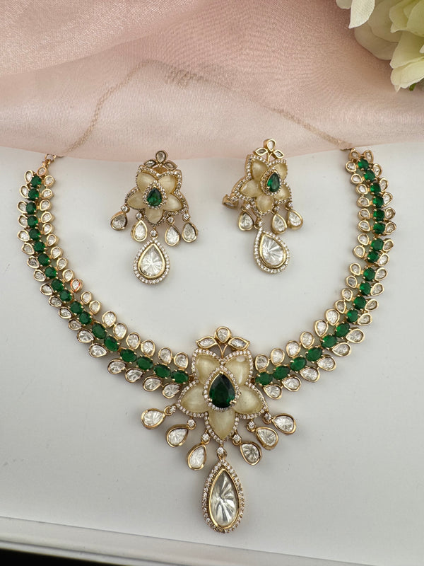 Kundan, Moissanite, MOP, CZ Flexible Gold necklace set, Indian Bridal Jewelry