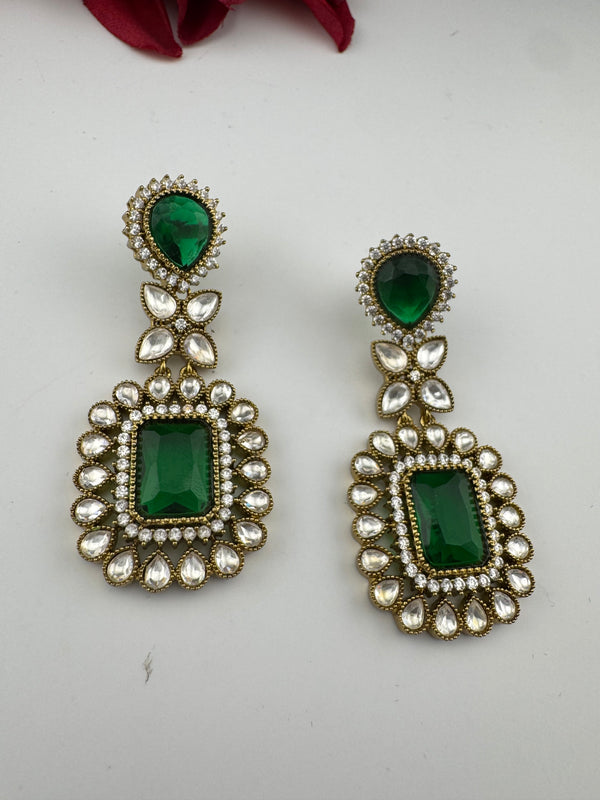 Green and Gold Kundan, Stone Chandelier Drop Earrings, Bridal, Moissanite, CZ, Designer jewelry