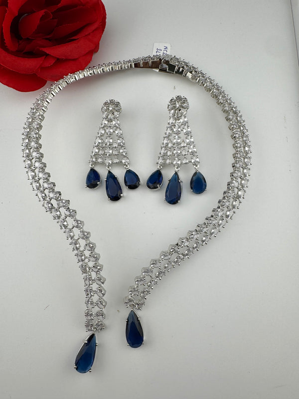 Crystals and CZ Diamond Statement front openable Hasli Necklace Set, Silver Plated Collar set