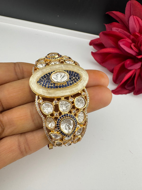 Moissanite Kundan, MOP, CZ Adjustable Bracelet Bangle, Gold Polish Designer Bangle