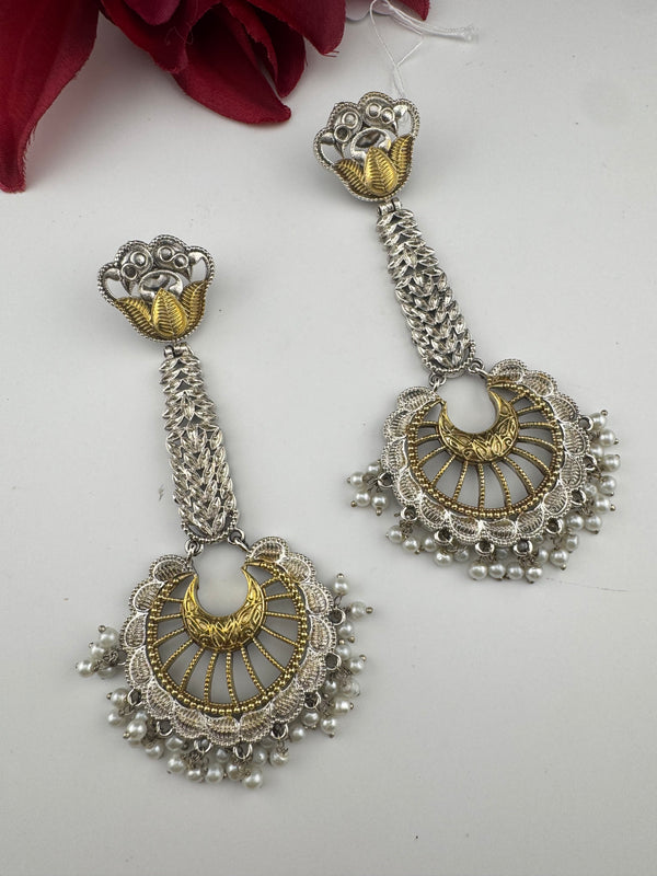 Oxidized Silver and Gold ChandBali Very long Earrings, designer jewelry
