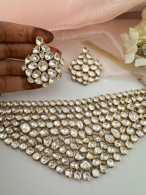 Kundan, Moissanite, CZFlexible Gold Bridal necklace set, Indian Bridal Jewelry