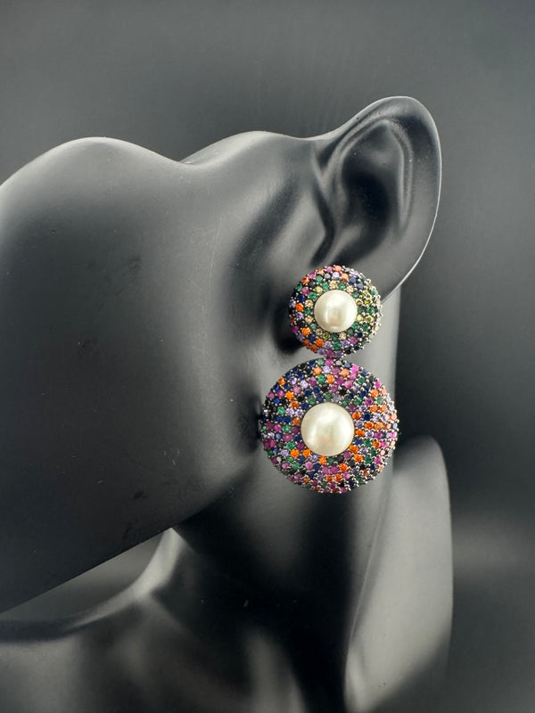Cubic Zirconia, Diamond nano setting, pearls, Victorian Dangle earrings, Indian Jewelry