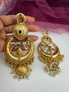 Kashmiri style, brass, stone and pearls chandbali oversized earrings, Indian Jewelry