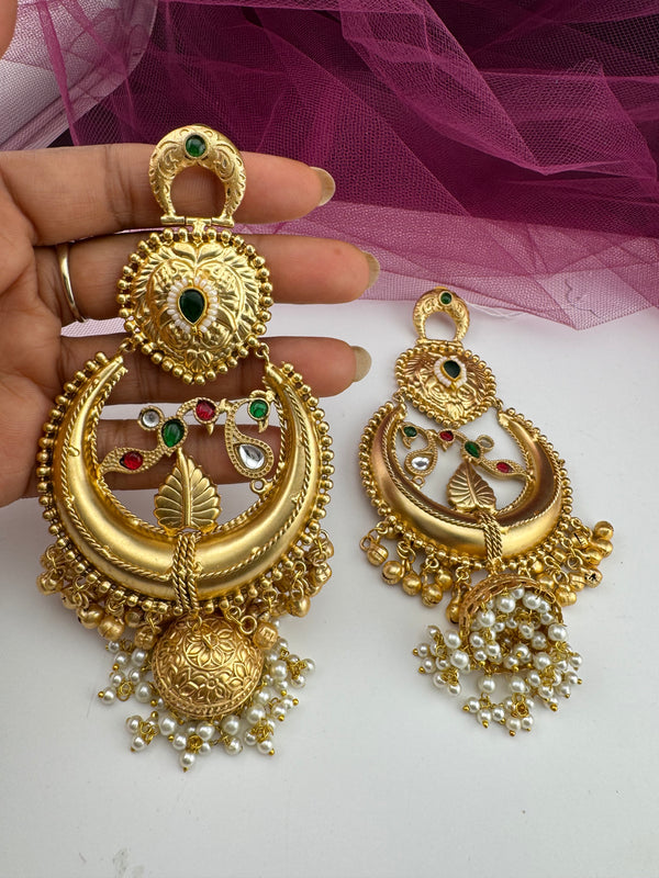 Kashmiri style, brass, stone and pearls chandbali oversized earrings, Indian Jewelry