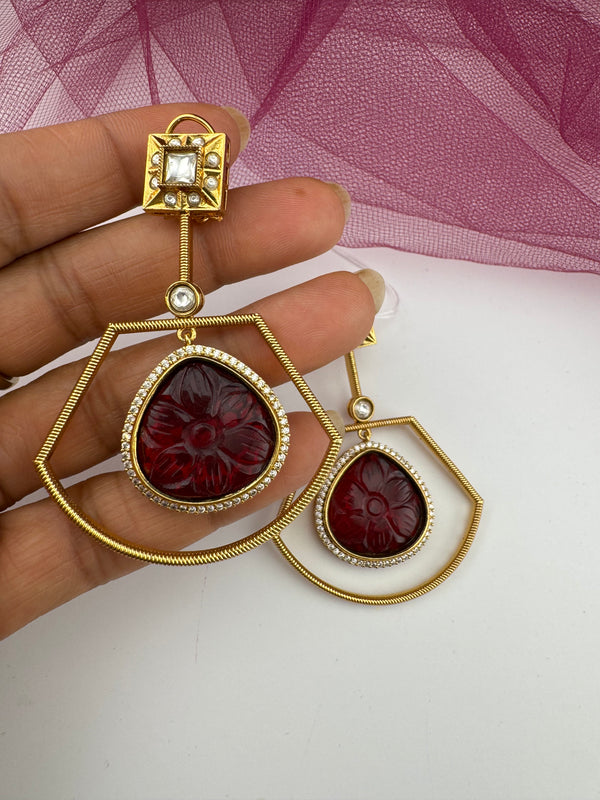 Amrapali inspired, Matt Gold with uncut kundan and CZ chandbali Drop earrings, Indian Jewelry