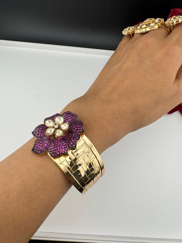 Moissanite Kundan, CZ Nano Setting Cuff Bracelet Bangle, Gold Polish Bangle (Fits 2.6" Diameter)